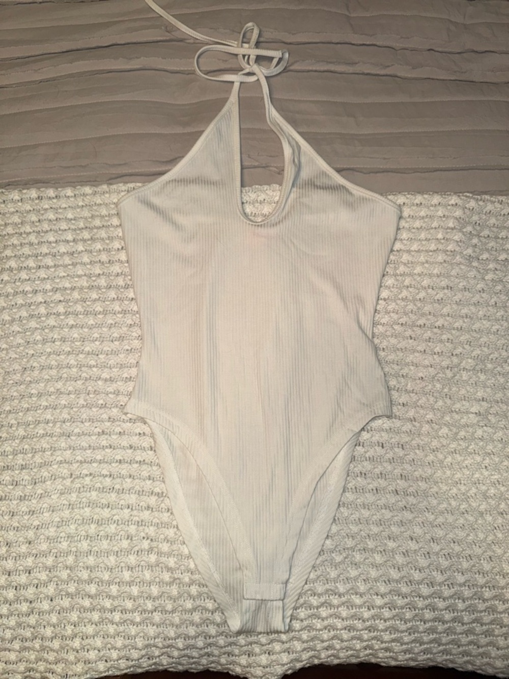 Showpo White Ribbed Halter One-Piece Bodysuit